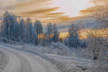 Road in winter with magic light in Värmland/ Sweden