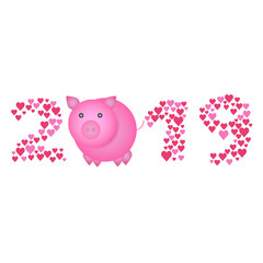 Chinese New Year 2019 concept - digits created from heart signs with cartoon pig instead of zero. Holiday sign for poster or greeting card, isolated on white background.