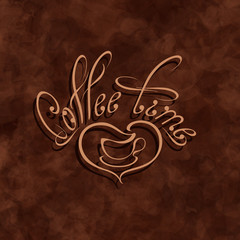 Cofee time inscription on the brown abstract spotted background. Swirl handwritten text. Useful for cafeteria menu. Emblem for shop. Vector, EPS 10