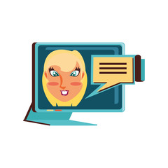 face woman in computer monitor and speech bubble