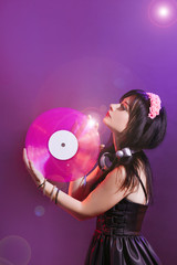 dj headphone equipment disco girl party retro vintage ultraviolet mixer young woman vinyl glamor...