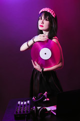 dj headphone equipment disco girl party retro vintage ultraviolet mixer young woman vinyl glamor...