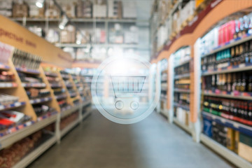 3d shopping basket on Supermarket blur background. Shopping concept. 