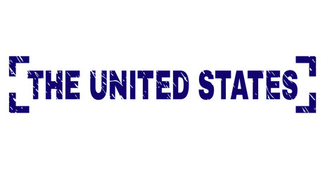 THE UNITED STATES text seal print with corroded texture. Text label is placed inside corners. Blue vector rubber print of THE UNITED STATES with grunge texture.
