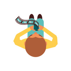 view aerial of man with smartphone and video tape