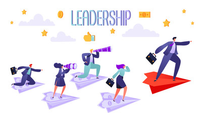 Business team concept. Five business people flying on paper planes. People following chief on a red plane. Boss points the way to success. Vector illustration leadership theme, motivation, teamwork. 