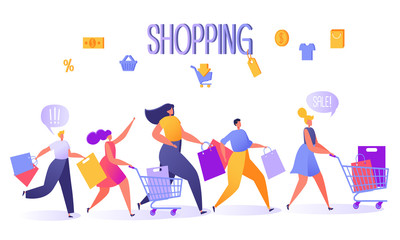 Five happy, flat people characters running with shopping bags and trucks. Vector illustration shopping theme, sale concept, retail consumerism. Flat design style.