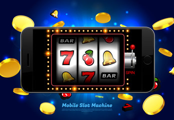 Obraz premium lucky slot machine casino on mobile phone with light background
