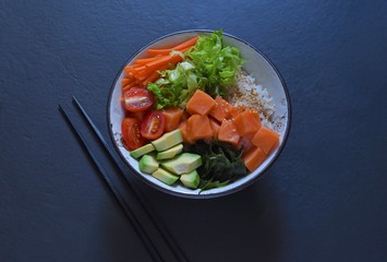 Traditional Hawaiian dish Poke Bowl on a dark background 