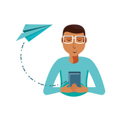 man black with smartphone with airplane paper