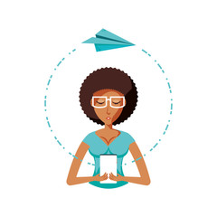 woman with smartphone and airplane paper