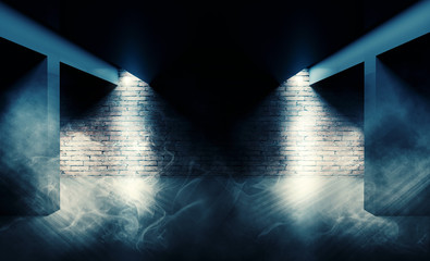 Background of an empty dark room with brick shades, illuminated by neon lights with laser beams, smoke