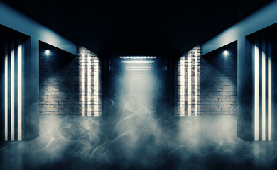 Background of an empty building with brick walls, illuminated by spotlights. View of open elevator doors. Neon light smoke.