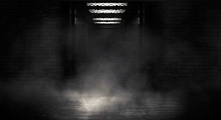 Background of an empty building with brick walls, illuminated by spotlights. View of open elevator doors. Neon light smoke.