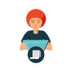 man with laptop and paper receipt in speech bubble