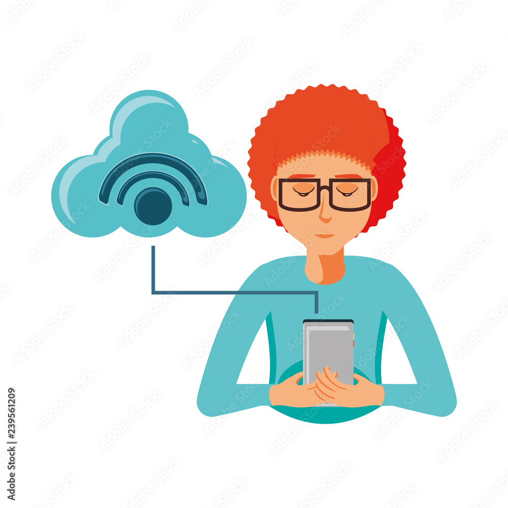 Aufkleber man with smartphone and cloud computing