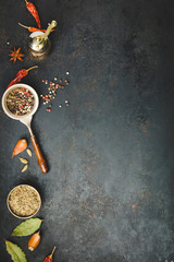 Spices and vintage pepper grinder on dark background