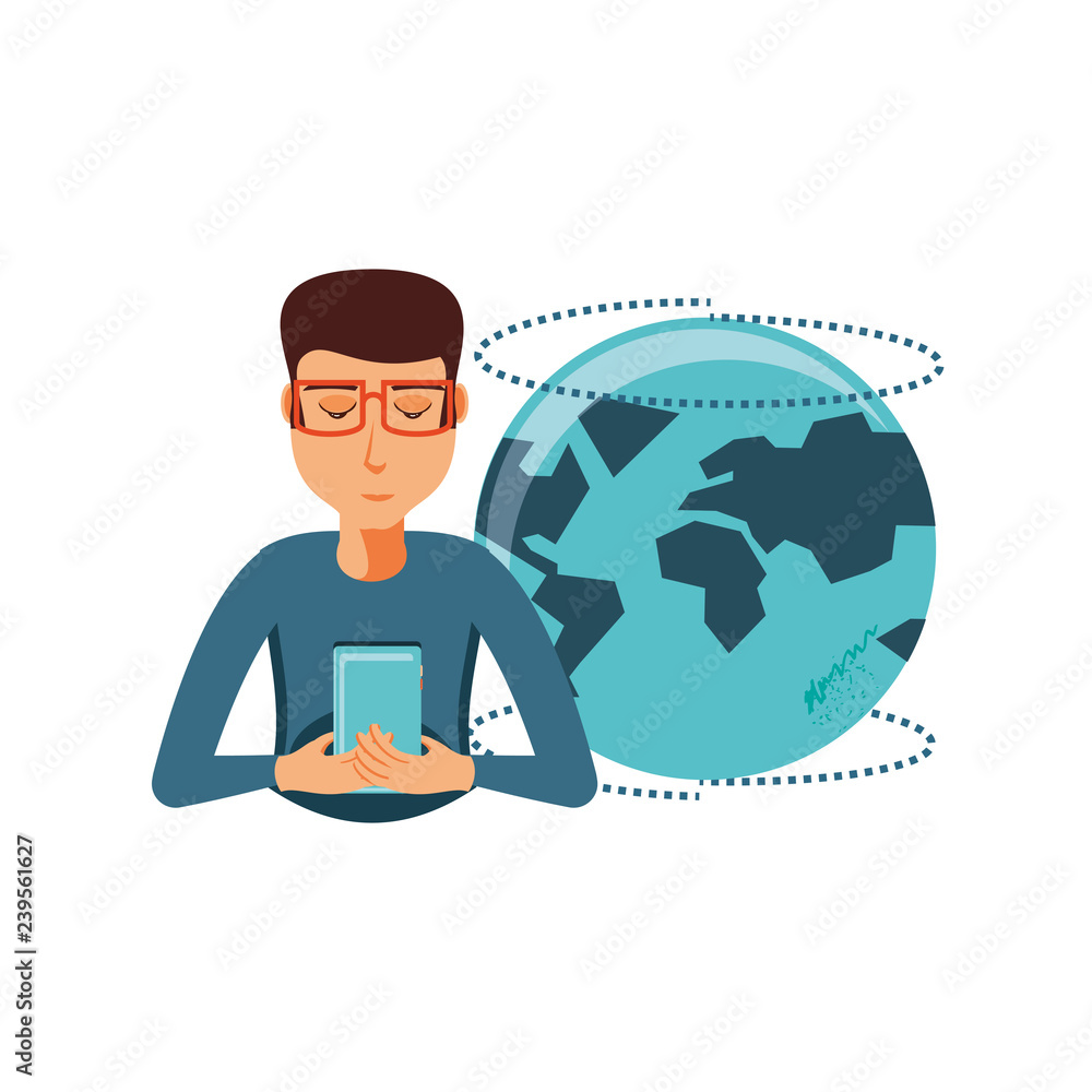 Poster man with smartphone device and planet earth