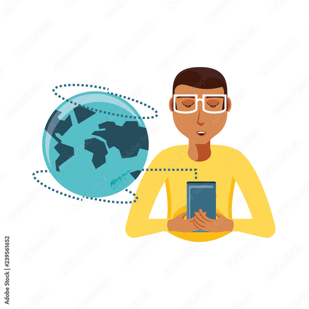 Poster man with smartphone device and planet earth
