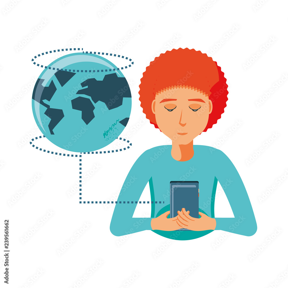 Poster man with smartphone device and planet earth