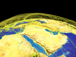 Middle East on planet Earth with country borders and trajectories representing international communication, travel, connections.