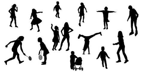 silhouettes of children in various poses.  Set of illustrations of kids activity. - obrazy, fototapety, plakaty