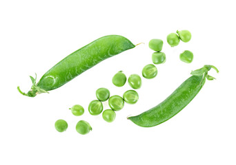 Fresh peas isolated on white background, top view.