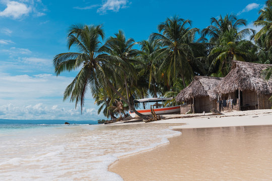 Bungalow and canoe on coast near palms and water