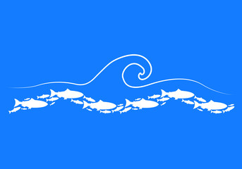 Set silhouettes of groups of sea fishes. Colony of small fish. Icon with river taxers. - Vector,abstract background with waves