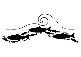Set silhouettes of groups of sea fishes. Colony of small fish. Icon with river taxers. - Vector