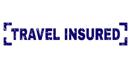 TRAVEL INSURED text seal print with distress texture. Text caption is placed inside corners. Blue vector rubber print of TRAVEL INSURED with grunge texture.