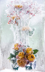Winter wonderland. Winter scene with crystal flowers in ice. Frozen winter flowers and petals, abstract. Winter, Christmas composition. Soft focus, blurred photo. Winter background. Art, illustration.