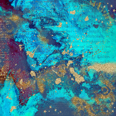Fototapeta na wymiar Abstract metallic textured background. Collage with gold glitter, sparkles and foil mixed with an artsy colorful texture.
