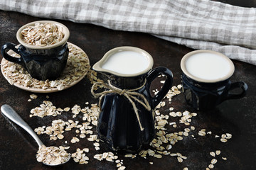 Oat milk in a milk jug on the background of oatmeal. Vegan milk. Eco food.