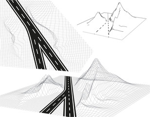 Road, highway in 3D. View from above and in Perspective. Highway design. Skeletal Framed Landscape. illustration