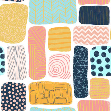 Seamless pattern abstract blocks. Square and rectangle doodle shapes with different textures. Mosaik puzzle style background blue, gold, pink, coral. Cute feminine colorful hand drawn illustration.