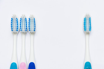 toothbrush replacement, old and new toothbrush isolated on white background, copy space
