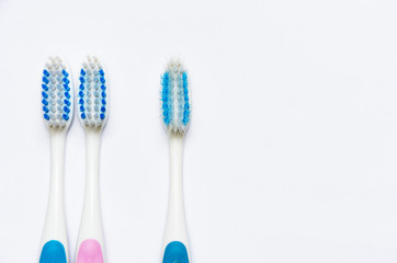 toothbrush replacement, old and new toothbrush isolated on white background, copy space