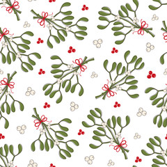 Seamless vector pattern with a branch of mistletoe.