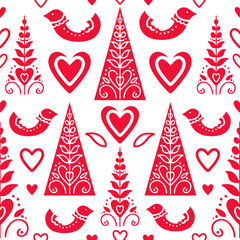 Seamless vector pattern with folk styles elements in red and white colors.