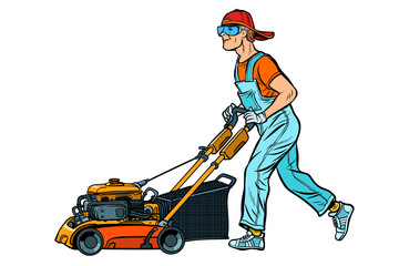 lawn mower worker. Isolate on white background