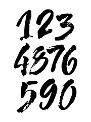 set of calligraphic acrylic or ink numbers. ABC for your design, brush lettering on a black background