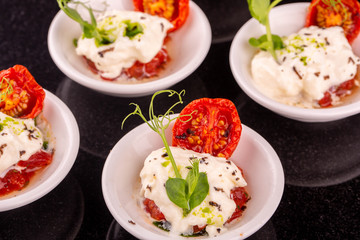 Portion cheese mozzarella with dried tomatoes and greens