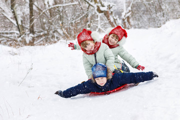 Fototapeta na wymiar Sisters twins are sitting on the boy's back and sledging.