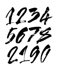 set of calligraphic acrylic or ink numbers. ABC for your design, brush lettering on a black background