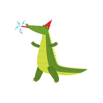 Young green cute cheerful crocodile spends his free time.