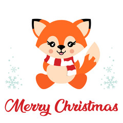 cartoon cute fox with scarf vector sitting and christmas text