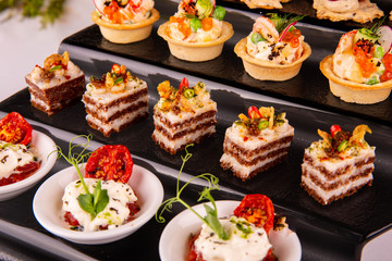 Fat, black bread, onions, hot pepper, shrimps, caviar red, greens, mousse, cream