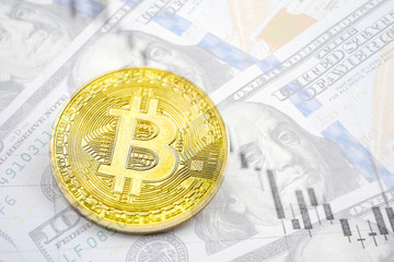 The concept of the fall of the cryptocurrency rate, Bitcoin against the dollar. Bitcoin coin on the background of falling graphics.