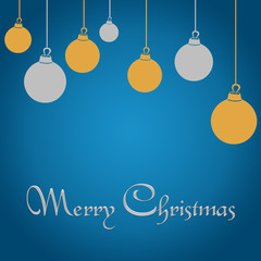 Hanging Christmas balls on blue gradient background with Merry christmas text